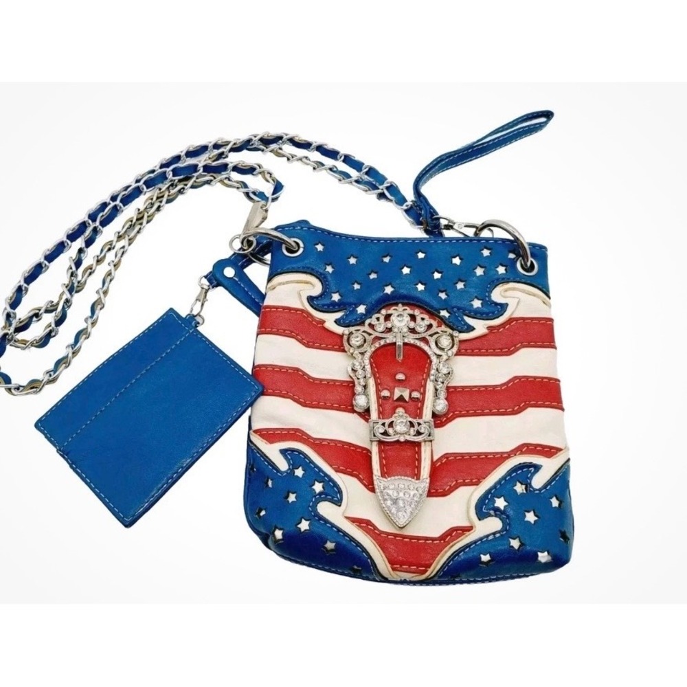 Cowgirl Trend American Flag Rhinestone Buckle Crossbody Bag Western Patriotic